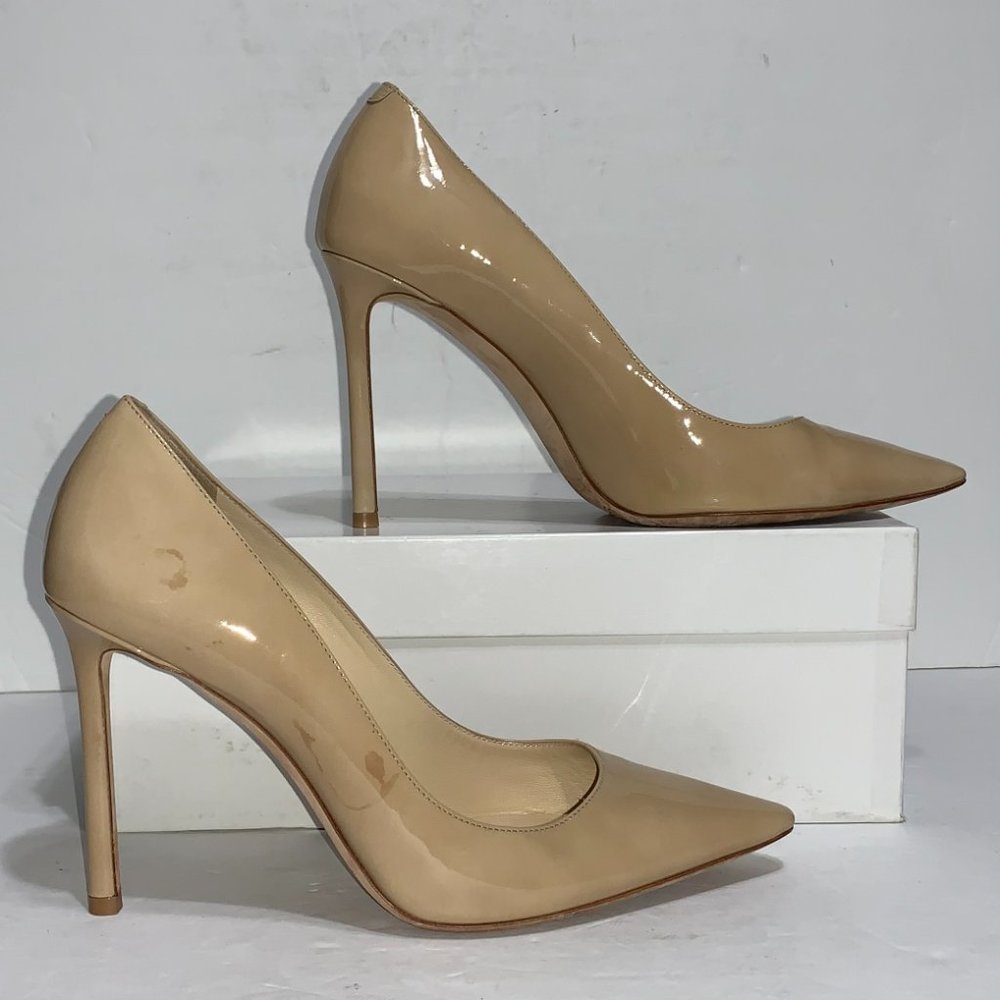 Jimmy Choo Romy Pointy Toe Nude Patent Pump Sz38.5